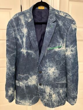Lanzino Mens 2XL Blue Jean Denim Tie Dye Blazer Sport Coat Prom Western Colorful